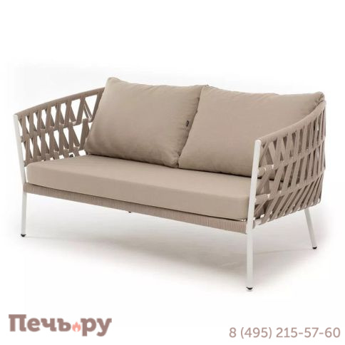 Диван 2-местный плетеный из роупа 4SiS Диего, каркас алюминий белый муар, роуп бежевый круглый, ткань бежевая 052 фото