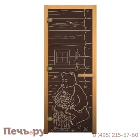 Дверь для сауны стеклянная Бронза Матовая Мишка 1900х700мм (8мм, 3 петли 710) (Магнит) (Бук) (левая) фото
