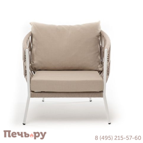 Кресло плетеное из роупа 4SiS Диего, каркас алюминий белый муар, роуп бежевый круглый, ткань бежевая 052 фото 2