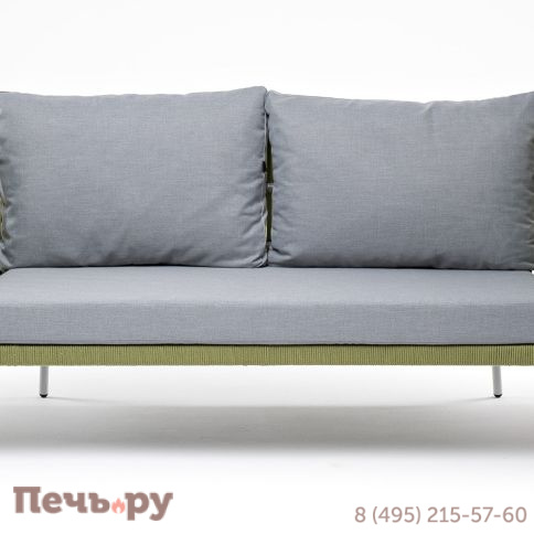 "Диего" диван 2-местный плетеный из роупа, каркас алюминий светло-серый (RAL7035) муар, роуп салатовый меланж круглый, ткань светло-серая фото 2