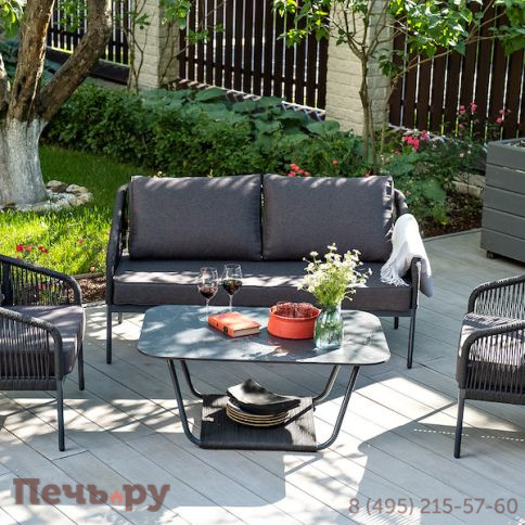 "Канны" диван 2-местный плетеный из роупа, каркас алюминий темно-серый (RAL7024) муар, роуп темно-серый круглый, ткань темно-серая 027 фото 4