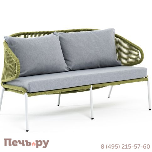 "Милан" диван 2-местный плетеный из роупа, каркас алюминий светло-серый (RAL7035) шагрень, роуп салатовый меланж круглый, ткань светло-серая фото 3