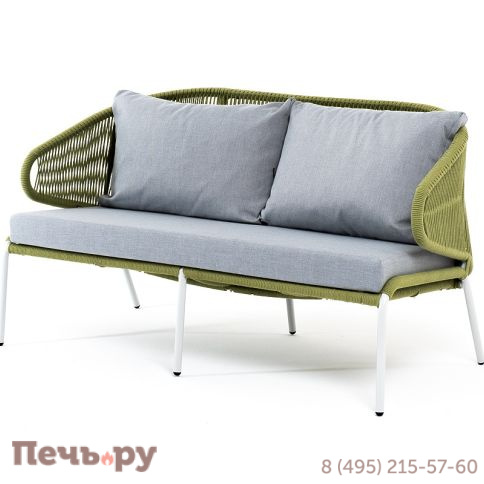 "Милан" диван 2-местный плетеный из роупа, каркас алюминий светло-серый (RAL7035) шагрень, роуп салатовый меланж круглый, ткань светло-серая фото