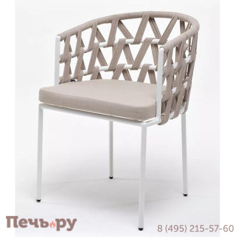 Стул плетеный из роупа 4SiS Диего, каркас из стали белый муар, роуп бежевый круглый, ткань бежевая 035 фото